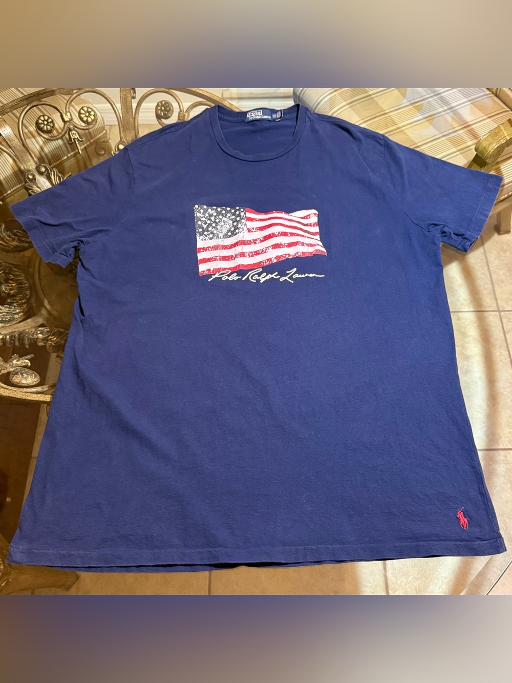 Polo by Ralph Lauren Navy Short Sleeve Tee with American Flag Graphic 2XB / 2TG